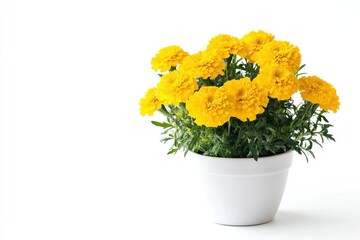Bright yellow marigold flowers in a simple pot, isolated on a plain white background for a burst of color