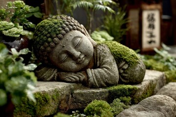 Obraz premium Serene Stone Figure Resting Amidst Lush Greenery Ideal for Zen Gardens and Meditation Spaces