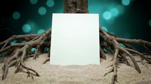 Blank White Square Sign Mockup Tree Roots with Blue Bokeh Background Sand Ground Template Perfect for Advertising Display Environment Decoration Isolated and Clean Design