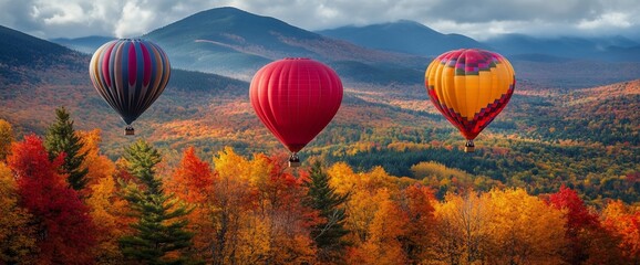 Hot air balloons gracefully floating over vibrant autumn foliage in the mountains