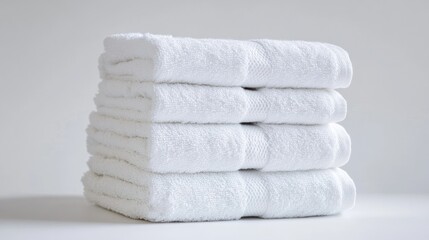 Clean white towels stacked neatly on a plain white background, emphasizing their soft texture