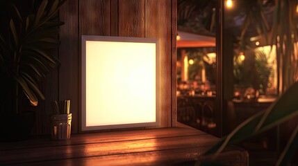 Empty illuminated sign on a wooden surface at night.