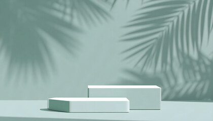 3d render mockup podium stand table shelf.  green abstract background. Palm tree lea