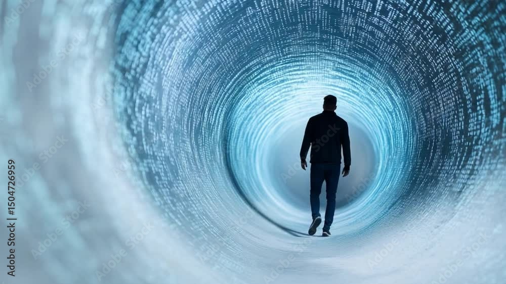Poster journey through the unknown: silhouette of a solitary individual traversing a luminous tunnel of lig