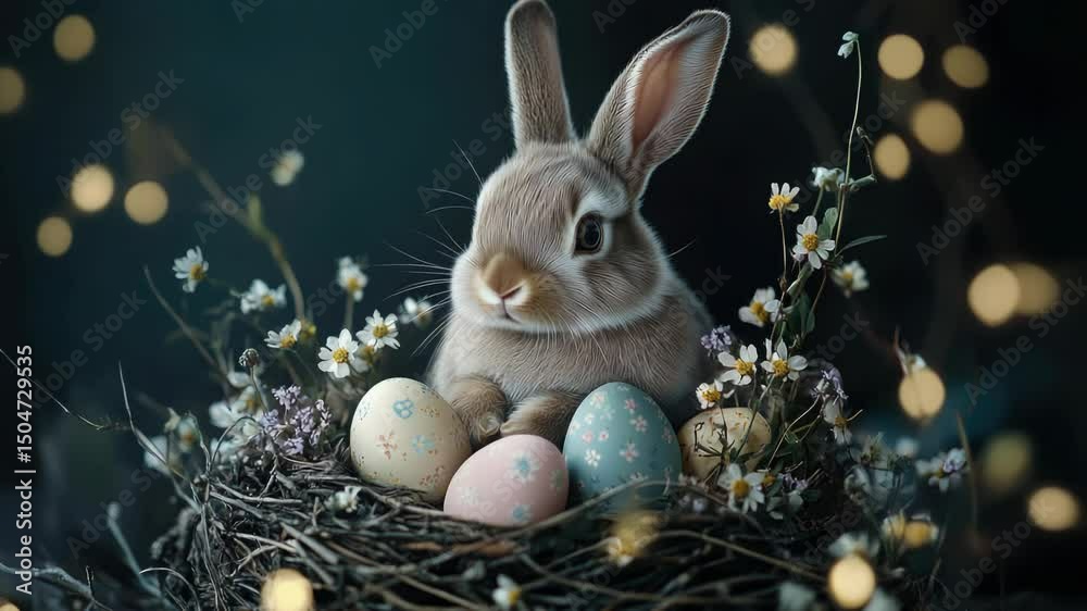 Aufkleber a rabbit sitting on its eggs in a cozy nest