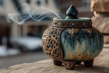 Intricate Ceramic Incense Burner with Elegant Smoke Trails and Ornate Design