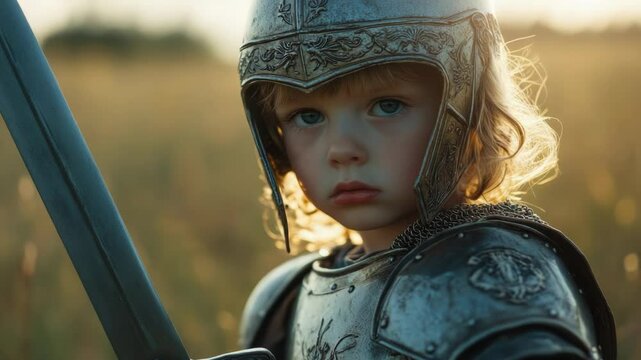 A young girl wearing medieval-style armor holds a sword, ready for adventure