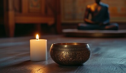 Serene Meditation Space: Candlelight, Singing Bowl, and Buddha Statue