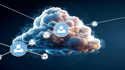 Abstract cloud computing concept A digital cloud connected by a network with user profile icons, against a dark blue backdrop - Powered by Adobe