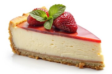 Delicious slice of strawberry cheesecake with fresh mint garnish