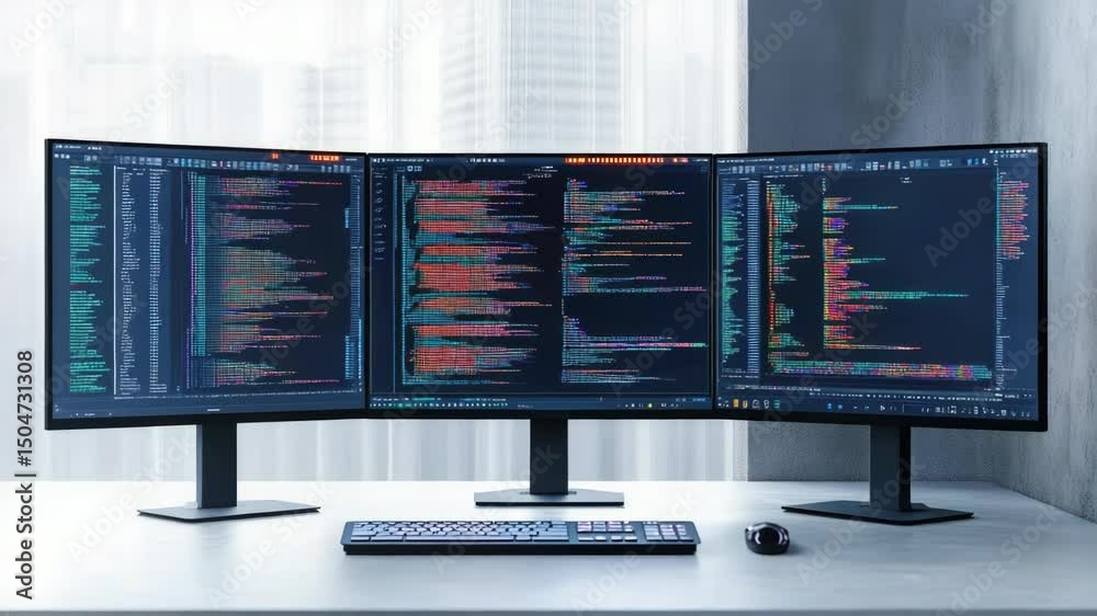 Poster three computer monitors sitting on a desk, perfect for home or office use