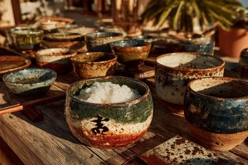 Fototapeta premium Handcrafted Ceramic Bowls with Rice Displayed on a Wooden Table in Warm Sunlight