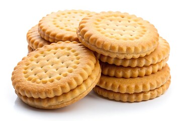 Delicious golden brown sandwich crackers stacked high on white background
