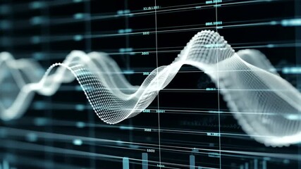 Futuristic data grid overlaying fluctuating graph, displayed with a high-tech, digital screen effect - Powered by Adobe