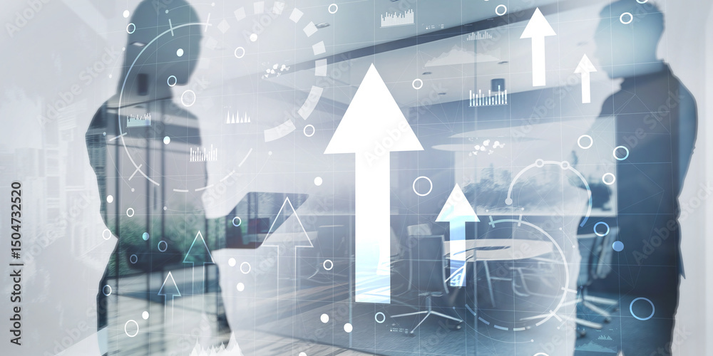 Wall mural business intelligence dashboard and arrows up, key performance indicators on a virtual screen comput
