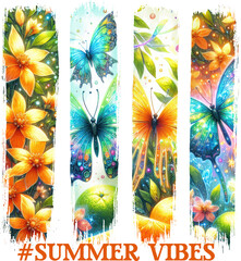 Brush strokes shape Vibrant “#SUMMER VIBES” sublimation design with colorful butterflies, florals, and citrus—perfect for t-shirts, mugs, and seasonal craft projects.