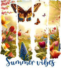 Brush strokes shape Joyful “Summer Vibes” sublimation design with butterflies and blooming hills—perfect for t-shirts, mugs, and bright seasonal craft projects.