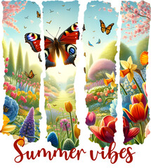 Brush strokes shape Joyful “Summer Vibes” sublimation design with butterflies and blooming hills—perfect for t-shirts, mugs, and bright seasonal craft projects.