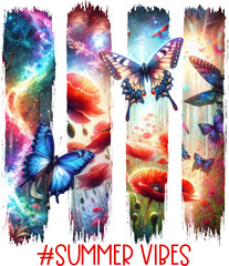 Brush strokes shape Vibrant “#Summer Vibes” sublimation design with butterflies and poppies—ideal for t-shirts, tumblers, and magical seasonal craft projects.