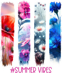 Brush strokes shape Bold “#Summer Vibes” sublimation design with vibrant wildflowers—ideal for t-shirts, mugs, totes, and uplifting floral summer-themed projects.