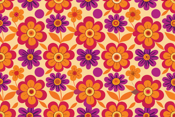 Vibrant Retro Floral Pattern Orange, Purple, and Yellow Flower Design