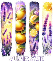 Brush strokes shape Bright summer bookmarks with lemons and lavender—ideal for seasonal reading, journaling, gifting, and uplifting printable craft designs.