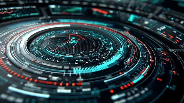Circular tech interface with glowing blue lines and red accents on a dark background, displaying charts and numerical data
