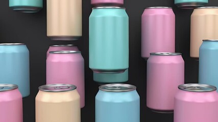 Pastel Colored Soda Cans on Black Surface featuring Light Pink Sky Blue Soft Green and Vanilla Hues in a Sleek Modern Product Display Ideal for Beverage Branding and Summer Themes - Powered by Adobe