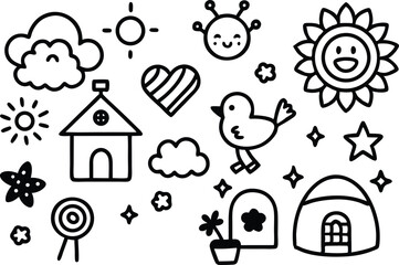 Adorable Kawaii Doodle Collection Cute Sun, Cloud, Bird, and House Illustrations