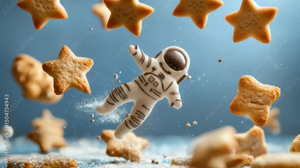 Poster an astronaut floating in mid-air surrounded by cookies, a unique and playful scene