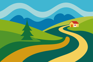 Mountain road landscape with green fields under a summer sky