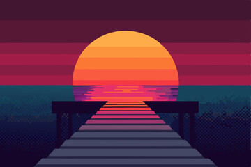 Sunset over a wooden pier stretching into the calm sea, a serene coastal landscape