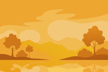 Autumn vector illustration of a nature landscape with trees, sun, and orange sky at sunset