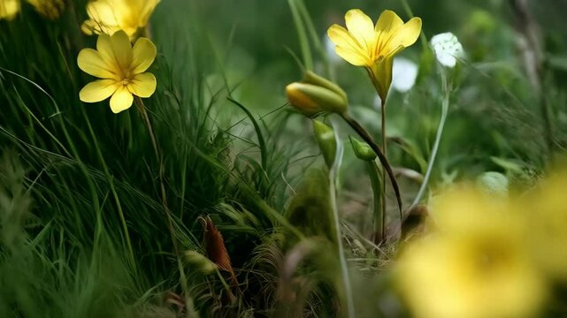 Close-up view of several bright yellow oxlips growing outdoors in a natural green grassy habitat in springtime.
