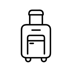 Simple graphic depiction of a wheeled suitcase with handle and front pocket in outline style design