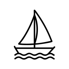 Simple line drawing of a sailboat on water with a triangular sail and wavy sea design element