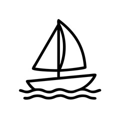 Simple graphic of a sailboat with two sails floating on waves, depicted with black outline, minimal style