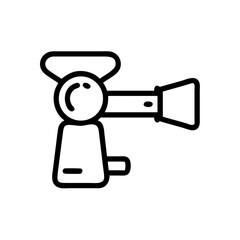 A simple line drawing of a meat grinder showing the handle and grinding mechanism in black outline