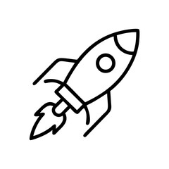 A simple graphic of a rocket ship soaring upwards with flames coming out of the engine area below it