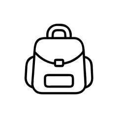 Simple outline drawing of a backpack with a flap and a small pocket on the front side view is shown