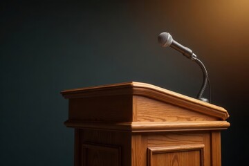 Classic wooden podium with attached microphone , meeting, technology, audio