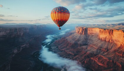 A breathtaking aerial view of a hot air balloon over the Grand Canyon during sunrise
