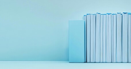 Stack of white books stands against a light blue wall, creating a serene scene
