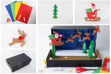Step-by-step Christmas diorama project with paper crafts and shoebox base, great for educational content, kids workshops, creative tutorials, craft product marketing