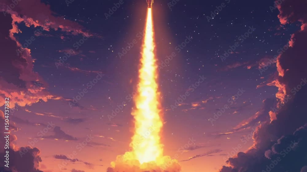 Poster a fast-moving rocket flies through the blue sky with fluffy white clouds in the background