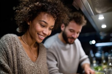 Fototapeta premium In a cozy kitchen at night, a couple shares a loving moment while cooking together, highlighting their connection and the warmth of home as they prepare a meal.