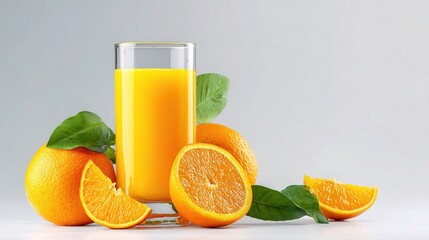Freshly Squeezed Orange Juice in Glass with Oranges and Leaves