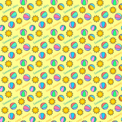 Vector seamless summer cartoon pattern with suns, sunbeams, and beach balls on yellow background. For summertime, sports clothing and garments design, bedding, wrapping paper, and nursery wallpaper.