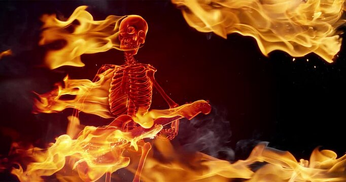 Scary burning skeleton playing rock guitar. 3D rendering and real fire flames, filmed in slow motion. Animated Halloween video for greeting cards, invitations, posters, events, parties.