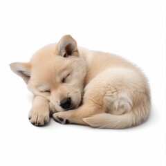 Fototapeta premium Adorable golden puppy curled up and sleeping peacefully isolated on white background
